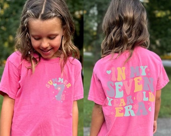 Kids Comfort Colors Custom In My Seven Year Old Era Shirt, Custom 7th Birthday Girl Shirt, Retro Birthday Shirt Girl Gift, Custom Name Shirt