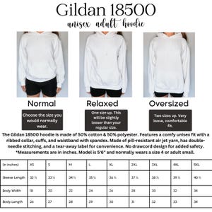 May include: A size chart for Gildan 18500 unisex adult hoodies. The chart shows the measurements in inches for sleeve length, body width, and body length for sizes XS to 5XL. The chart also includes descriptions of the fit for each size: normal, relaxed, and oversized.