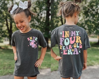 Kids Comfort Colors Custom In My Four Year Old Era Shirt, Custom 4th Birthday Girl Shirt, Retro Birthday Shirt, Girl Gift, Custom Name Shirt