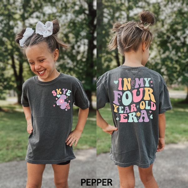 Kids Comfort Colors Custom In My Four Year Old Era Shirt, Custom 4th Birthday Girl Shirt, Retro Birthday Shirt, Girl Gift, Custom Name Shirt