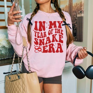May include: Pink sweatshirt with a red graphic that says "In My Year of the Snake Era".