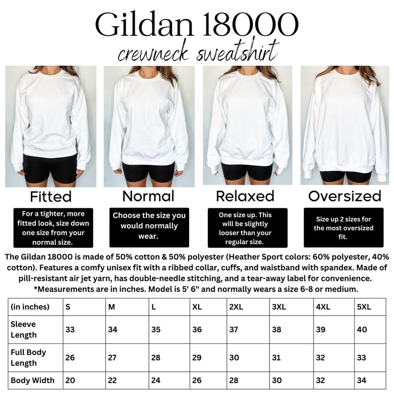 May include: A size chart for Gildan 18000 crewneck sweatshirts. The chart shows the measurements in inches for different sizes, including sleeve length, full body length, and body width. The chart also includes descriptions of the fit for each size: fitted, normal, relaxed, and oversized.