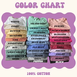 May include: A colour chart displaying 20 different t-shirt colours, stacked in columns. The colours are labelled with names such as "White", "Ivory", "Peachy", "Island Reef", "Chalky Mint", "Seafoam", "Hydrangea", "Chambray", "Blue Jean", "Flo Blue", "Washed Denim", "Denim", "Grey", "Pepper", "Crunch Berry", "Blossom", "Watermelon", "Heliconia", "Brick", "Chili", "Orchid", "Violet", "Berry", and "Black". The chart is labelled "COLOR CHART" at the top and "100% COTTON" at the bottom.