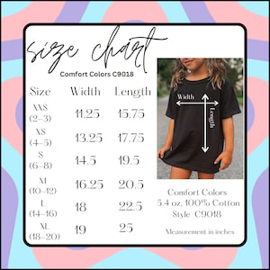 May include: Size chart for children's clothing in sizes XXS to XL. The chart shows width and length measurements in inches. The chart is labelled "Comfort Colors C9018".