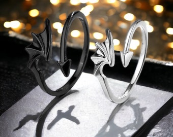 Dragon Wing And Tail Couples Ring | Black And Silver Angel and Devil Promise Ring | Adjustable Matching Ring Set | Gift For Loved One