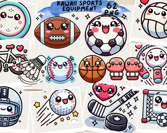 Kawaii Sports Equipment Clipart: Balls, Gear, Items (PNG Digital)