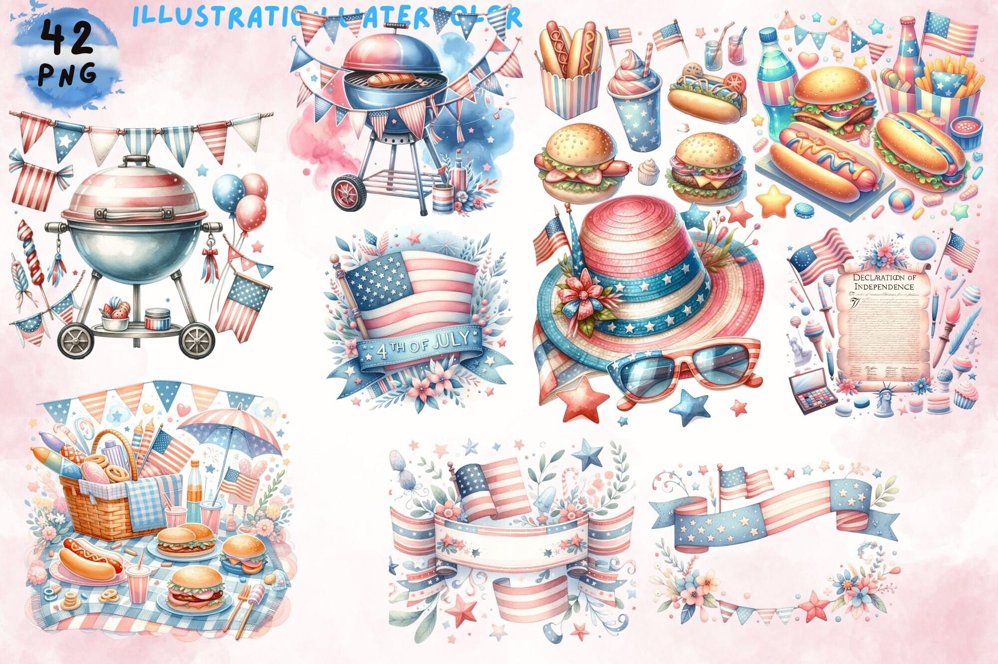 4th of July Watercolor Clipart Bundle: Patriotic USA (digital Download ...