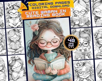 Cute Girl in Reading Book Coloring Pages, Little Reading Girl Coloring Pages, Grayscale Coloring page, Bookworm Girl, Adults & Kids.