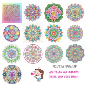 Pu&ograve; includere: Una collezione di disegni di mandala colorati in vari modelli floreali e geometrici. I disegni presentano una gamma di colori pastello, tra cui rosa, blu, giallo e verde. L'immagine include anche il testo "SAMPLE COLORS" e "THANK YOU VERY MUCH".