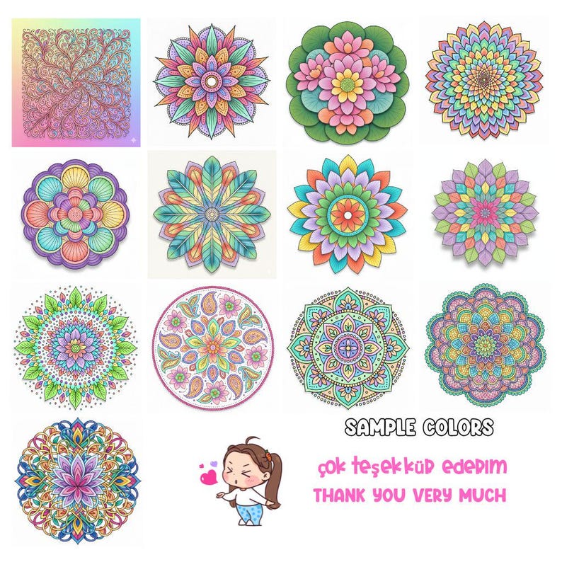 Pu&ograve; includere: Una collezione di disegni di mandala colorati in vari modelli floreali e geometrici. I disegni presentano una gamma di colori pastello, tra cui rosa, blu, giallo e verde. L'immagine include anche il testo "SAMPLE COLORS" e "THANK YOU VERY MUCH".