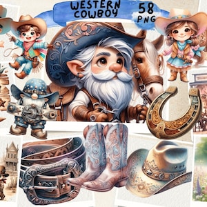 May include: A collection of 58 western cowboy themed digital illustrations. The illustrations include a gnome wearing a cowboy hat and a belt buckle, a cowboy riding a horse, a saloon, a horseshoe, a pair of cowboy boots, a cowboy hat, a wild west sign, and a white horse in a field of flowers.