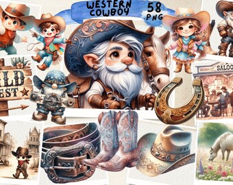 Watercolor Western Clipart: Cowboy, Horse Ranch (PNG Instant Download)