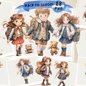 School Kids Watercolor Clipart, Children Back To School Clipart, Watercolor School Kids, Kids Books Clipart Digital Commercial Use