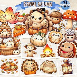 Kawaii Autumn Clipart, Cute Fall Elements Clip Art, Pumpkin Spice, Mushrooms Acorns Leaves, Cozy Aesthetic PNG, Junk Journal, Scrapbooking