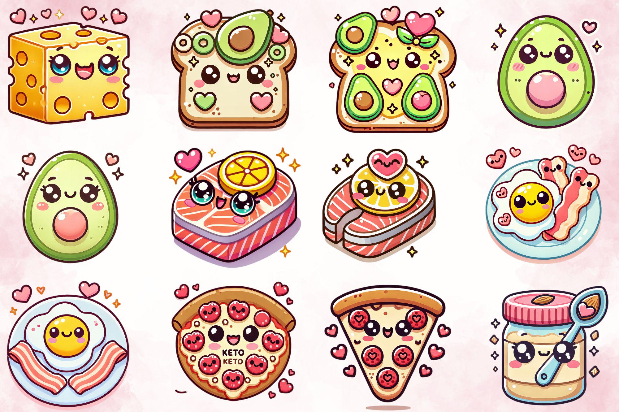 Adorable Kawaii Keto Diet Clipart, Cute Low-carb Food Illustrations for Meal Planning, Digital ...