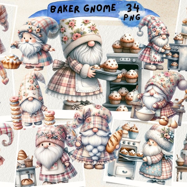 Baker Gnome Watercolor Clipart, Gnome Pastry Chef Clipart, Chef Gnome, Baked with Love Gnome, Gnomes, Cake Chef, Junk Journal, Scrapbooking