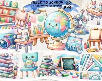 May include: A set of 38 cartoon classroom equipment illustrations. The illustrations include a globe, a microscope, a projector, a chalkboard, a chair, a desk, a bookshelf, a stack of books, pencils, crayons, paintbrushes, and a paint palette.