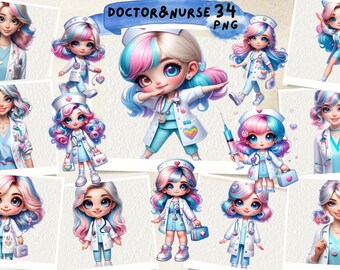 Imágenes prediseñadas de médico y enfermera, enfermera linda, imágenes prediseñadas médicas, gráficos de atención médica, pegatinas de papelería médica, arte digital, álbum de recortes, diario basura