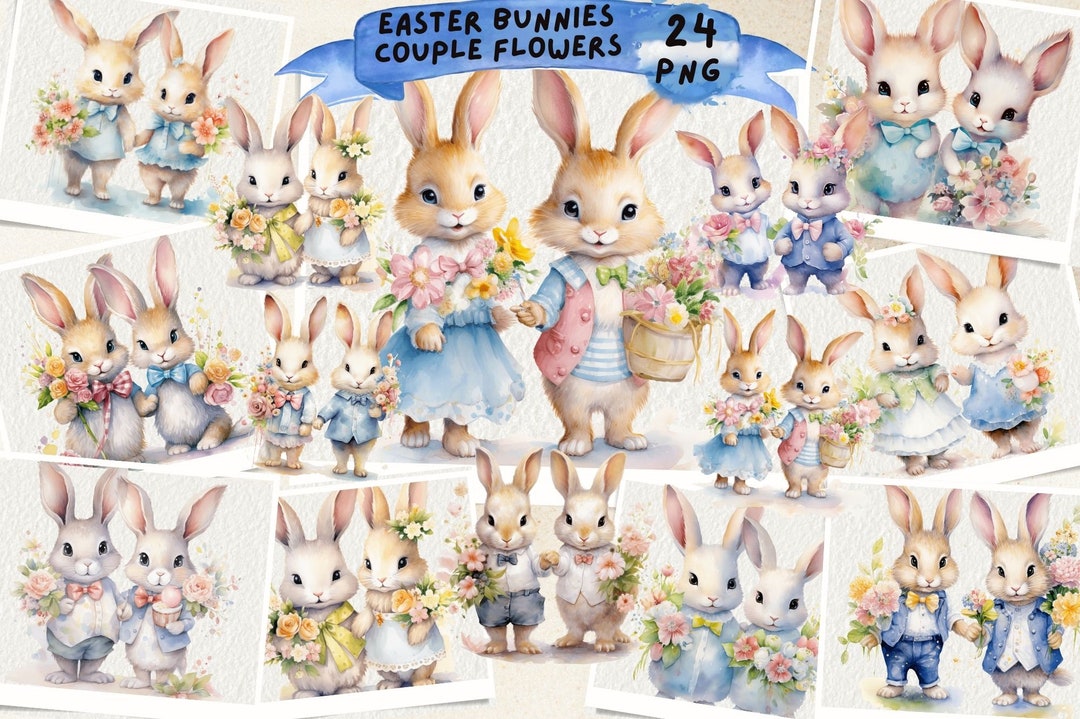 Easter Bunny Couple Clipart: Watercolor PNG Bundle (sublimation) - Etsy