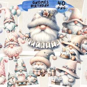 Birthday Gnomes Watercolor Clipart, Birthday Decoration Png, Whimsical Gnomes Clipart, Birthday Illustration, Gnome, Junk Journal, Scrapbook