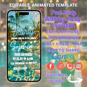 Pool Party Birthday Invitation Video, Neon Beach Theme Tropical Summer Invite For Teens, Kids, Adults, DIY Canva Editable Template