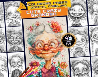 Crazy Grandma Greyscale Coloring Pages (JPG + PDF)