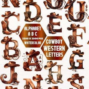Clipart do alfabeto ocidental, fonte ocidental de cowboy, letras ocidentais, país, cowboy cowgir, designs de sublimação de letras, adesivo Junk Journal