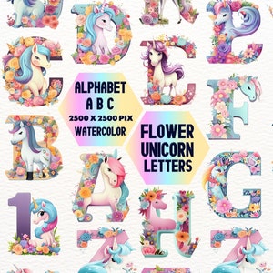 Unicorn Floral Alphabet Letters Clipart, Unicorn Clipart ,Decorative Letters, Alphabet Clipart ,Sublimation, Wall Art, Animal Alphabet