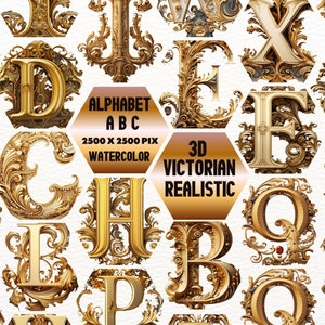 Victorian Alphabet Realistic 3D Clipart, Celtic Alphabet Watercolor, digital print, illustration set, stickers, Scrapbook, Junk Journal