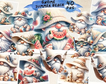 Sommer Strand Gnom Aquarell Clipart: Kinderzimmer Kunst (PNG)