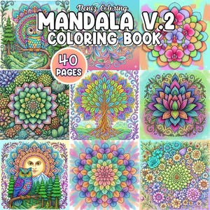 Può includere: Un libro da colorare Mandala V.2 colorato con 40 pagine. La copertina presenta una varietà di disegni intricati, tra cui un gufo, fiori e un albero, tutti in colori vivaci. Il testo "Deniz Coloring" e "Mandala V.2 Coloring Book" sono visualizzati.