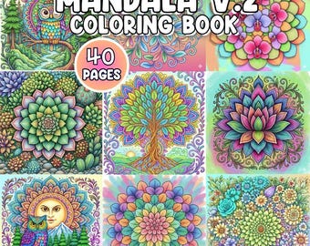 Mandala V.2 Coloring Book for Adults | 40 Printable Intricate Pages | Zen Stress Relief Digital Download | Floral Nature Mandala Art