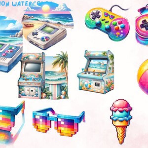 Pixel Summer Watercolor Clipart, Pixel Beach Clipart, Pixel Game ...