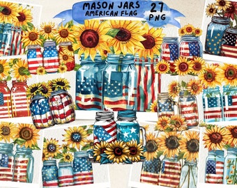 Patriotic Sunflower Mason Jar PNG Clipart: American Flag Watercolor (Digital Download)