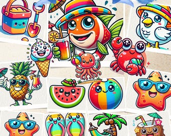 May include: A set of 51 kawaii summer themed PNG images. The images feature a variety of cute characters, including a fish, a crab, a starfish, a pineapple, a watermelon, a beach ball, a coconut, a pair of flip flops, and a hammock. The images are perfect for adding a touch of fun and whimsy to your summer projects.