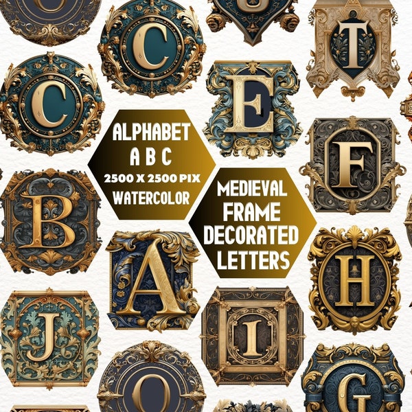 Medieval Alphabet Clipart, Antique, Lettering, Medieval Illuminated Initials, Medieval Alphabet, Commercial Use, Journal, Digital, Initials