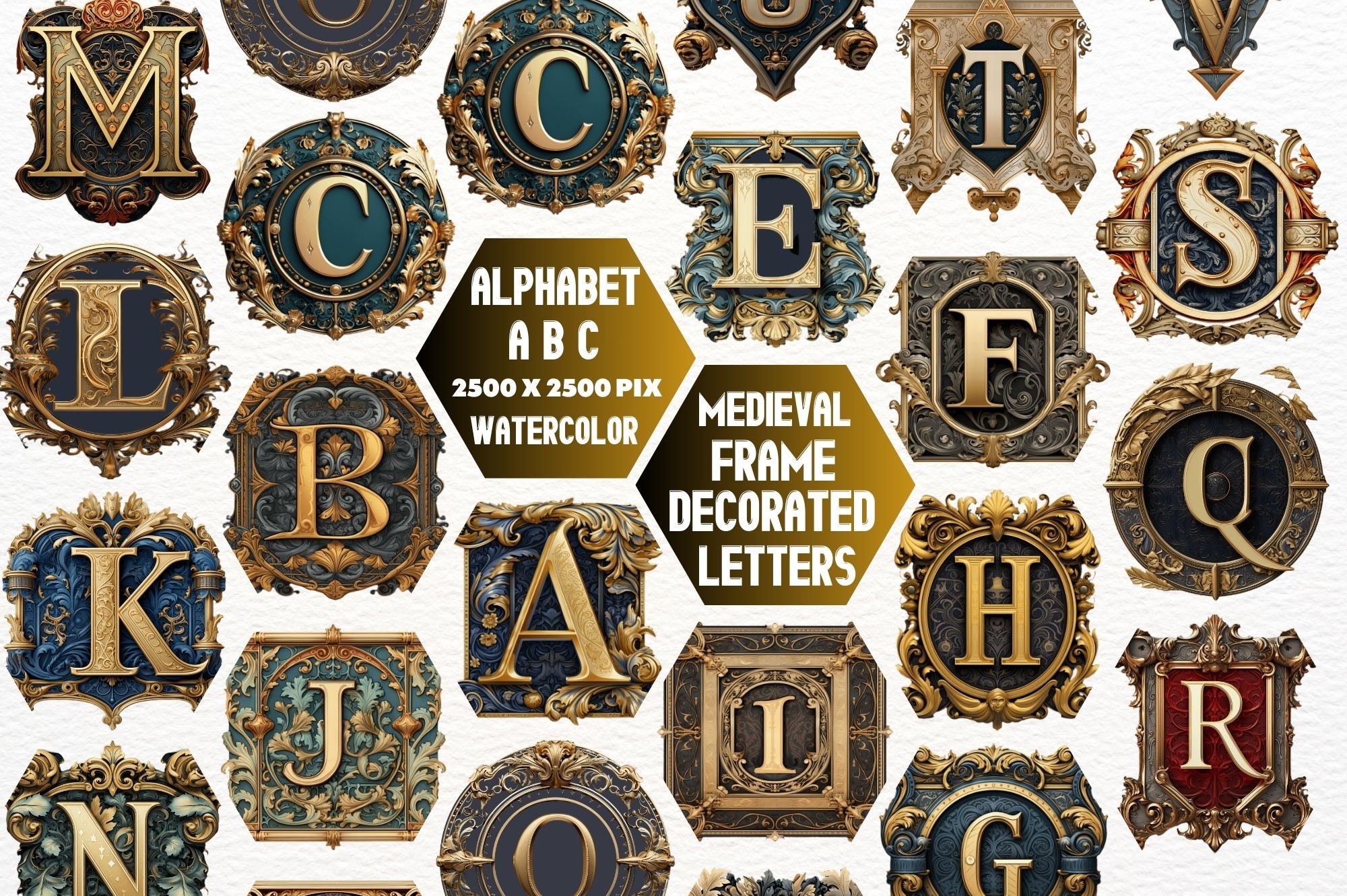 Medieval Illuminated Alphabet Clipart: Antique Lettering (digital