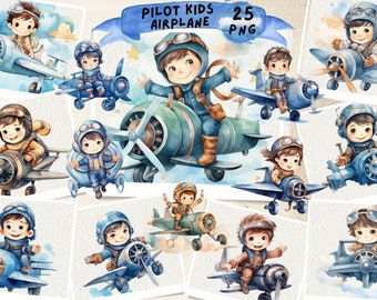 Little Aviator Clipart: Watercolor Airplane PNG (2500x2500 px)