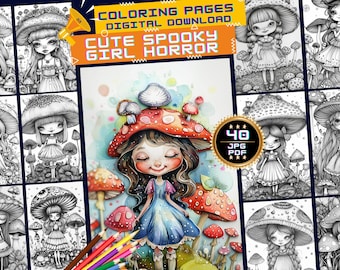 Mushroom Girls Coloring Book, Printable PDF, Fantasy Floral Mushroom Fairy Coloring Pages, Girls Cute Grayscale Coloring Book for Adults