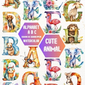 Cute Animal Alphabet Digital Watercolor Clipart, Cute ABC Clipart, Animal Nursery Decor, Animal Fonts English Alphabet, Fancy Animal PNG
