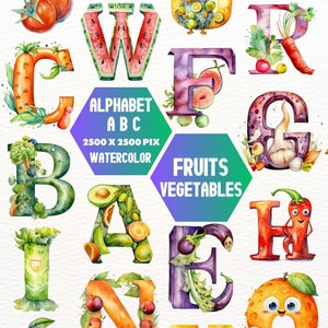 Fruits et légumes Alphabet Clipart, Légumes Letterst, Fruits et légumes de A à Z, Activité d’apprentissage Préscolaire Préscolaire et Maternelle