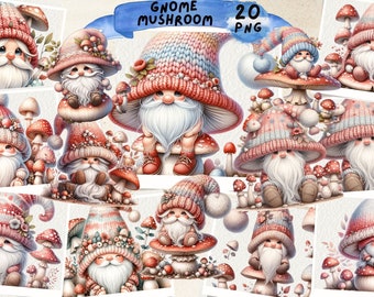 Mushroom Garden Gnomes Watercolor Clipart: Fantasy Florals (PNG)