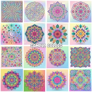 Pu&ograve; includere: Una collezione di disegni di mandala colorati, ognuno con motivi intricati e tonalit&agrave; vibranti. I disegni includono temi floreali, geometrici e celesti, con uno sfondo sfumato. Il testo "SAMPLE COLORS" &egrave; visualizzato.