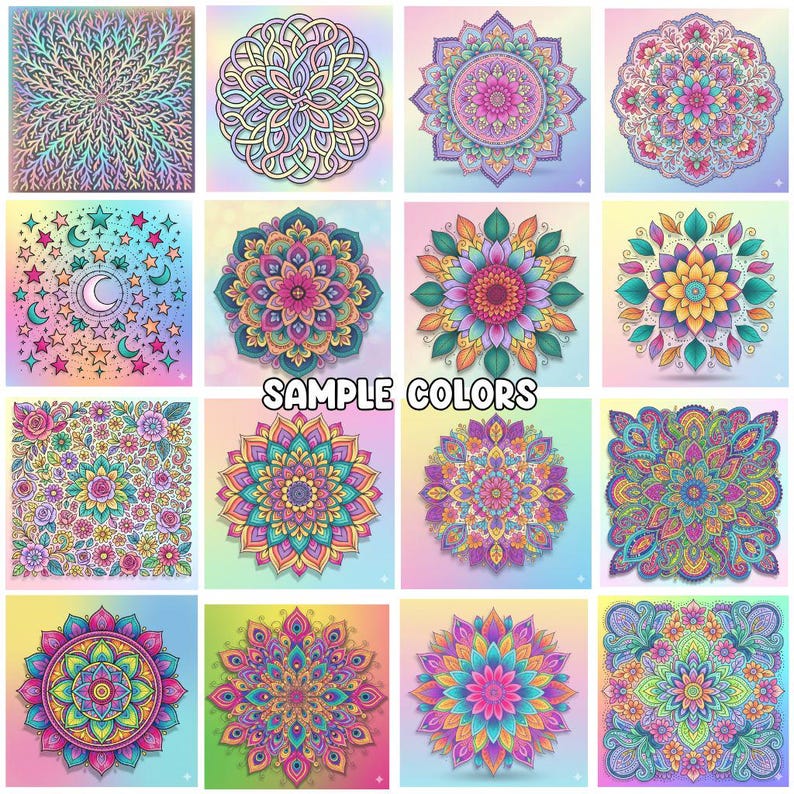 Pu&ograve; includere: Una collezione di disegni di mandala colorati, ognuno con motivi intricati e tonalit&agrave; vibranti. I disegni includono temi floreali, geometrici e celesti, con uno sfondo sfumato. Il testo "SAMPLE COLORS" &egrave; visualizzato.