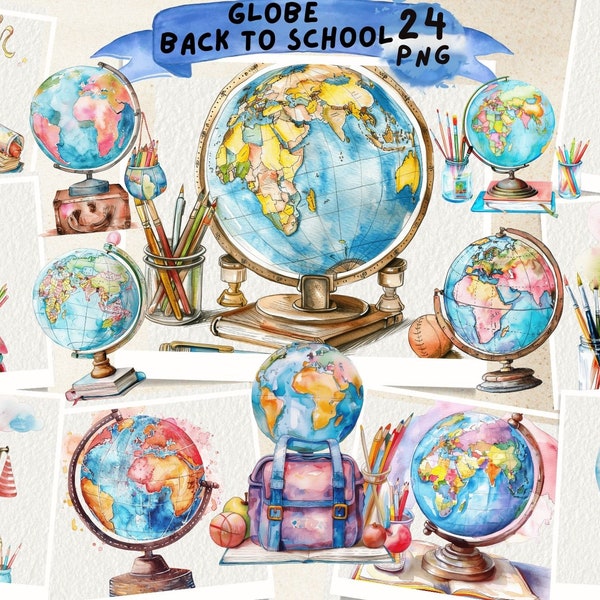 Globe Watercolor Clipart, Map Globe Watercolor clipart, Cute Globe, Card Making, Back to School,  Globes Clip Art, Scrapbook, Junk Journal