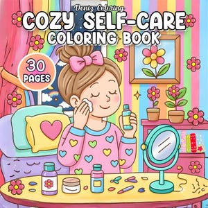 Può includere: Illustrazione colorata di un "Cozy Self-Care Coloring Book" con una ragazza che applica la cura della pelle. La copertina presenta il testo "Cozy Self-Care Coloring Book" e "30 Pages". L'immagine include fiori, uno specchio e prodotti per la cura della pelle.