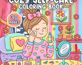 Pagina da colorare per adulti con ragazza che si prende cura di sé, download digitale di un'estetica Hygge carina, foglio di arteterapia stampabile e rilassante per l'amore per se stessi