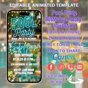 Summer Pool Party Birthday Invitation Video, Neon Beach Theme Tropical Summer Invite For Teens, Kids, Adults, DIY Canva Editable Template