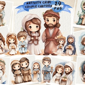 Nativity Scene Chibi Couple Clipart, Couple Love, Jesus clipart, Nativity Scenes, Animated clipart , Chibi Boho Boy and Girl, Cartoon