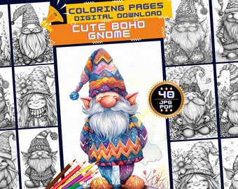 Boho Gnomes Coloring Pages: Hippie Floral Grayscale (JPG + PDF)